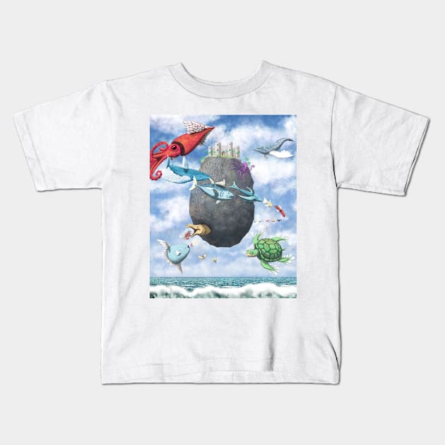 Floating Castle and Flying Fish Kids T-Shirt by Octomanart